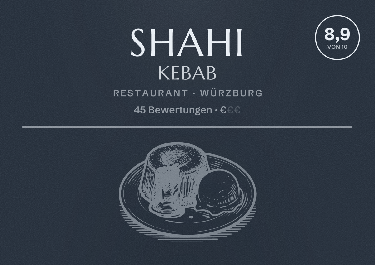 Illustriertes Poster von Shahi Kebab, Restaurant in Würzburg: Bewertung 8,9 von 10 aus 45 Bewertungen, Preisniveau €