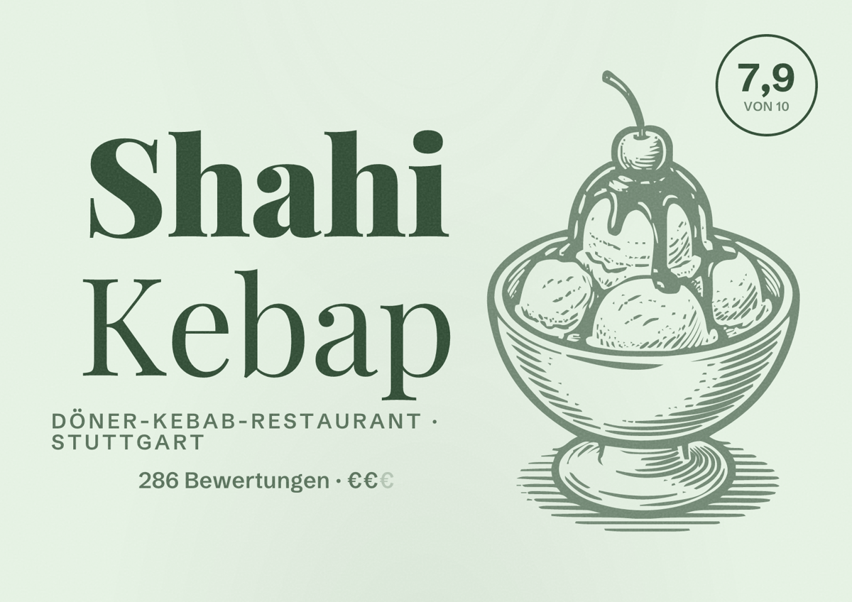 Illustriertes Poster von Shahi Kebap, Döner-Kebab-Restaurant in Stuttgart: Bewertung 7,9 von 10 aus 286 Bewertungen, Preisniveau €€