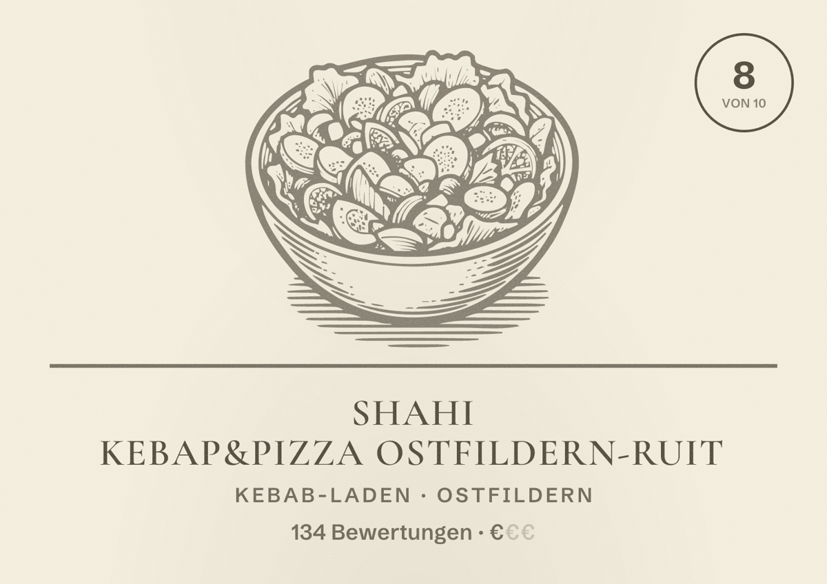 Illustriertes Poster von Shahi kebap&pizza OSTFILDERN-RUIT, Kebab-Laden in Ostfildern: Bewertung 8 von 10 aus 134 Bewertungen, Preisniveau €