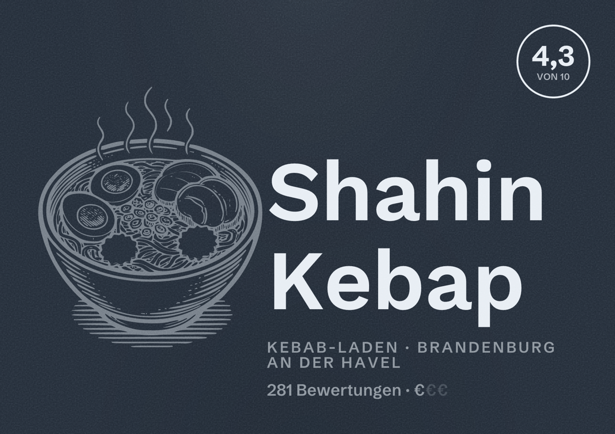 Illustriertes Poster von Shahin Kebap, Kebab-Laden in Brandenburg an der Havel: Bewertung 4,3 von 10 aus 281 Bewertungen, Preisniveau €