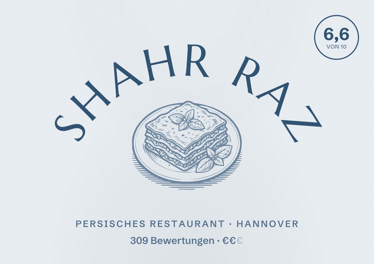 Illustriertes Poster von Shahr Raz, Persisches Restaurant in Hannover: Gästebewertung 6,6 von 10 aus 309 Bewertungen