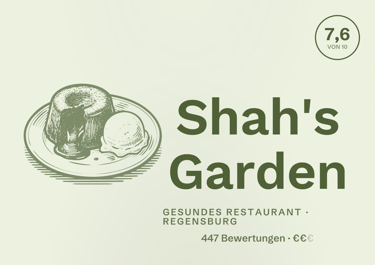 Illustriertes Poster von Shah's Garden, Gesundes Restaurant in Regensburg: Gästebewertung 7,6 von 10 aus 447 Bewertungen