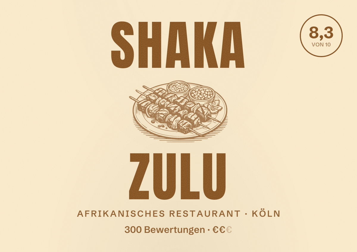 Illustriertes Poster von Shaka Zulu, Afrikanisches Restaurant in Köln: Bewertung 8,3 von 10 aus 300 Bewertungen, Preisniveau €€