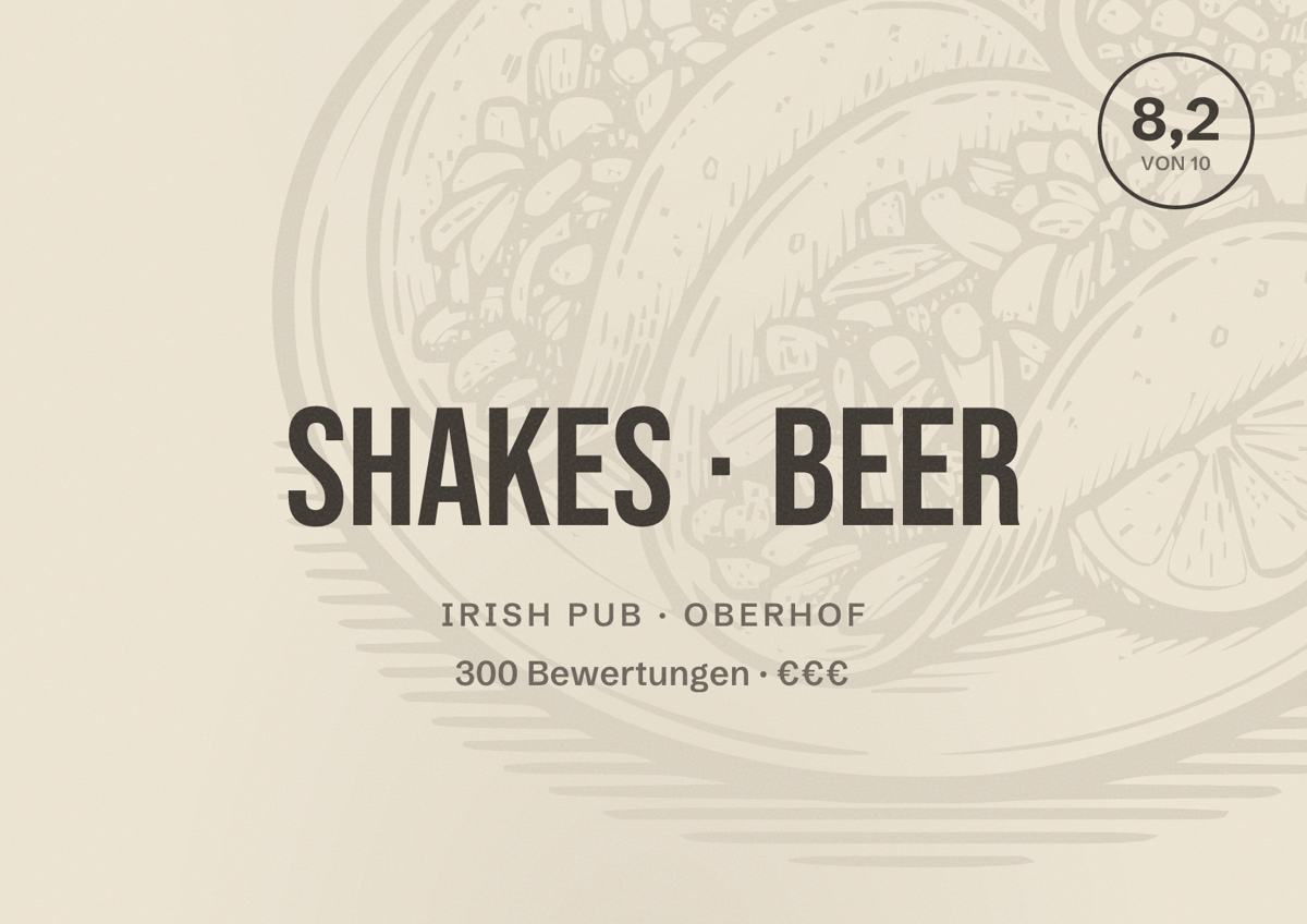 Illustriertes Poster von Shakes Beer, Irish Pub in Oberhof: Bewertung 8,2 von 10 aus 300 Bewertungen, Preisniveau €€€