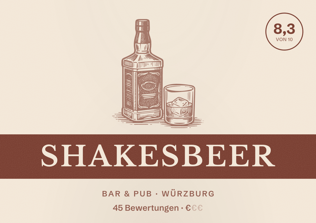 Illustriertes Poster von ShakesBeer, Bar & Pub in Würzburg: Bewertung 8,3 von 10 aus 45 Bewertungen, Preisniveau €
