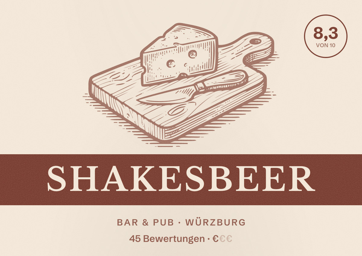 Illustriertes Poster von ShakesBeer, Bar & Pub in Würzburg: Bewertung 8,3 von 10 aus 45 Bewertungen, Preisniveau €