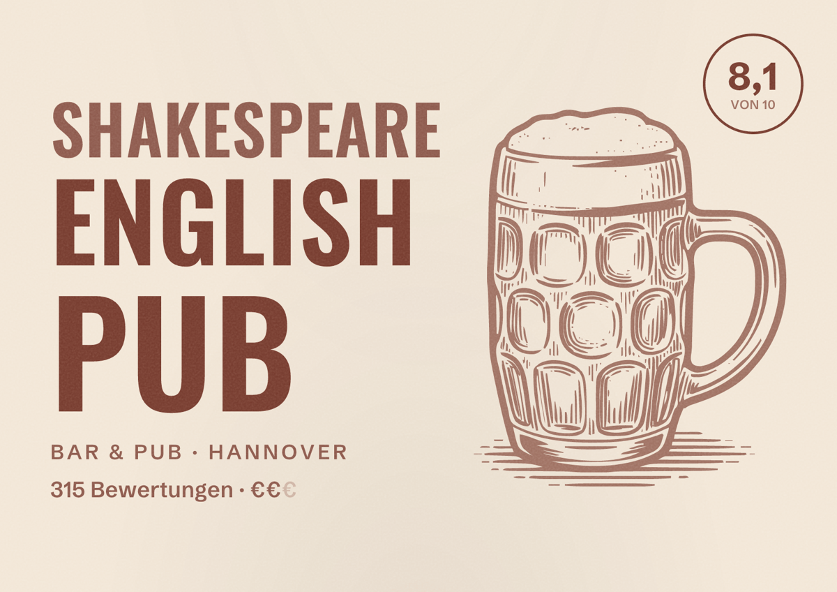 Illustriertes Poster von Shakespeare English Pub, Bar & Pub in Hannover: Bewertung 8,1 von 10 aus 315 Bewertungen, Preisniveau €€