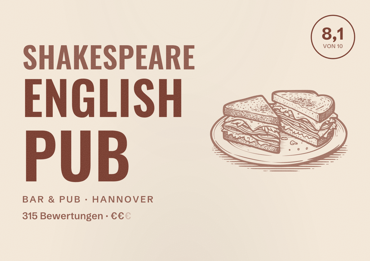 Illustriertes Poster von Shakespeare English Pub, Bar & Pub in Hannover: Bewertung 8,1 von 10 aus 315 Bewertungen, Preisniveau €€