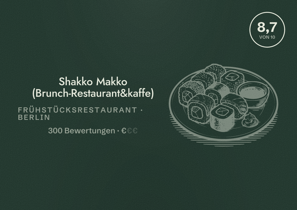 Illustriertes Poster von Shakko Makko (Brunch-Restaurant&kaffe), Frühstücksrestaurant in Berlin: Bewertung 8,7 von 10 aus 300 Bewertungen, Preisniveau €