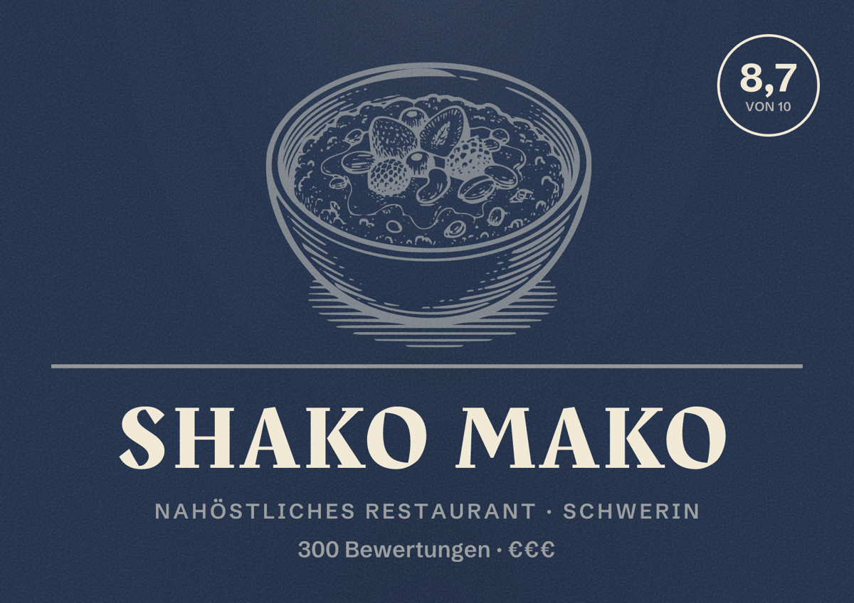 Illustriertes Poster von Shako Mako, Nahöstliches Restaurant in Schwerin: Bewertung 8,7 von 10 aus 300 Bewertungen, Preisniveau €€€