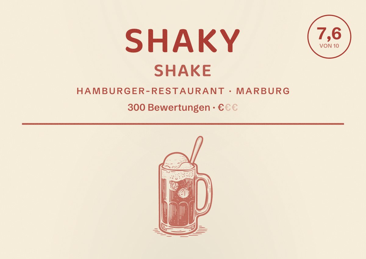 Illustriertes Poster von Shaky Shake, Hamburger-Restaurant in Marburg: Bewertung 7,6 von 10 aus 300 Bewertungen, Preisniveau €