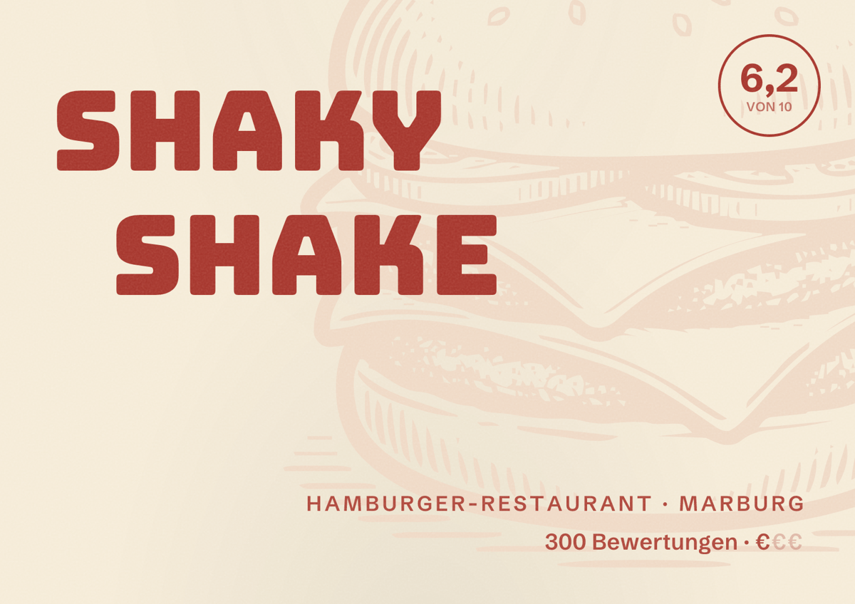 Illustriertes Poster von Shaky Shake, Hamburger-Restaurant in Marburg: Bewertung 6,2 von 10 aus 300 Bewertungen, Preisniveau €