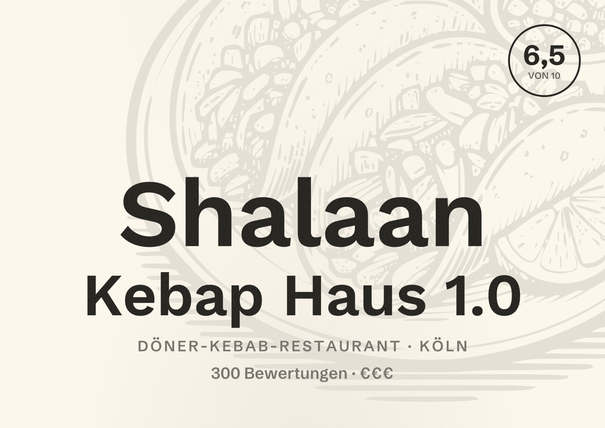 Illustriertes Poster von Shalaan Kebap Haus 1.0, Döner-Kebab-Restaurant in Köln: Bewertung 6,5 von 10 aus 300 Bewertungen, Preisniveau €€€