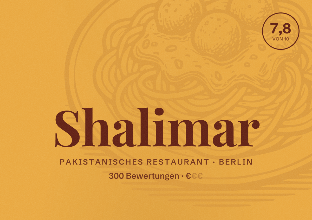 Illustriertes Poster von Shalimar, Pakistanisches Restaurant in Berlin: Bewertung 7,8 von 10 aus 300 Bewertungen, Preisniveau €