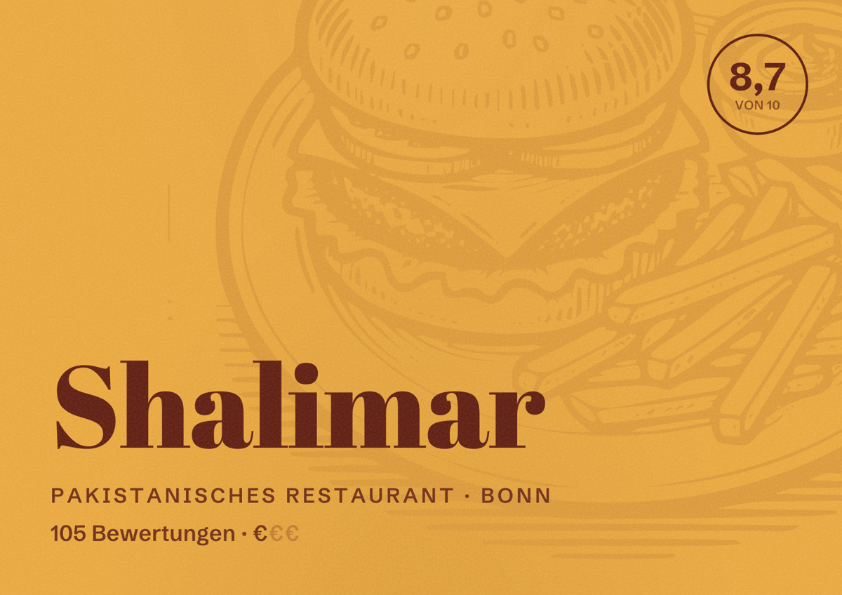 Illustriertes Poster von Shalimar, Pakistanisches Restaurant in Bonn: Bewertung 8,7 von 10 aus 105 Bewertungen, Preisniveau €