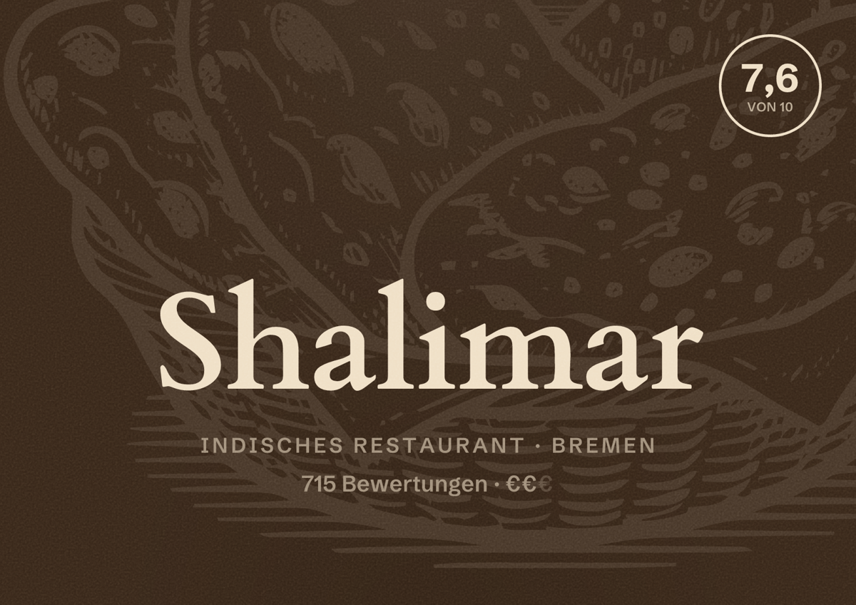 Illustriertes Poster von Shalimar, Indisches Restaurant in Bremen: Bewertung 7,6 von 10 aus 715 Bewertungen, Preisniveau €€