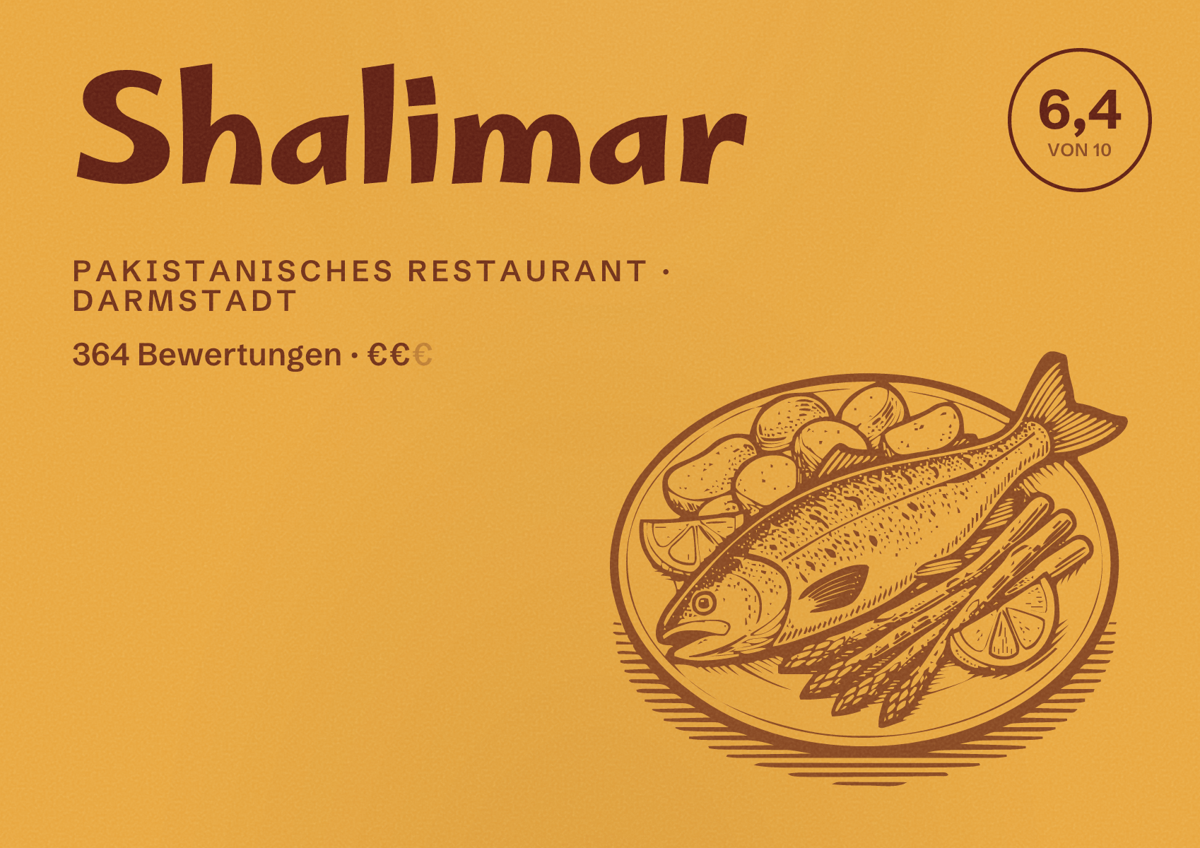 Illustriertes Poster von Shalimar, Pakistanisches Restaurant in Darmstadt: Bewertung 6,4 von 10 aus 364 Bewertungen, Preisniveau €€