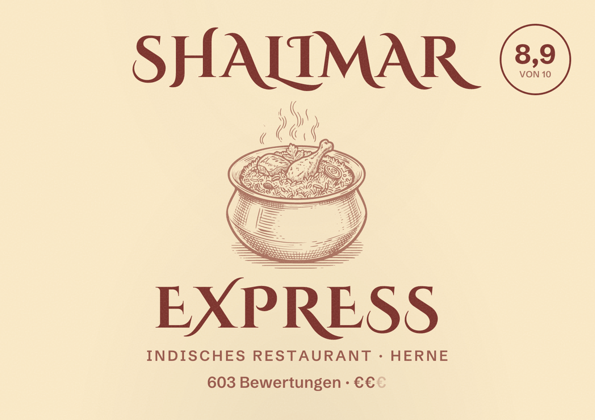 Illustriertes Poster von Shalimar Express, Indisches Restaurant in Herne: Bewertung 8,9 von 10 aus 603 Bewertungen, Preisniveau €€