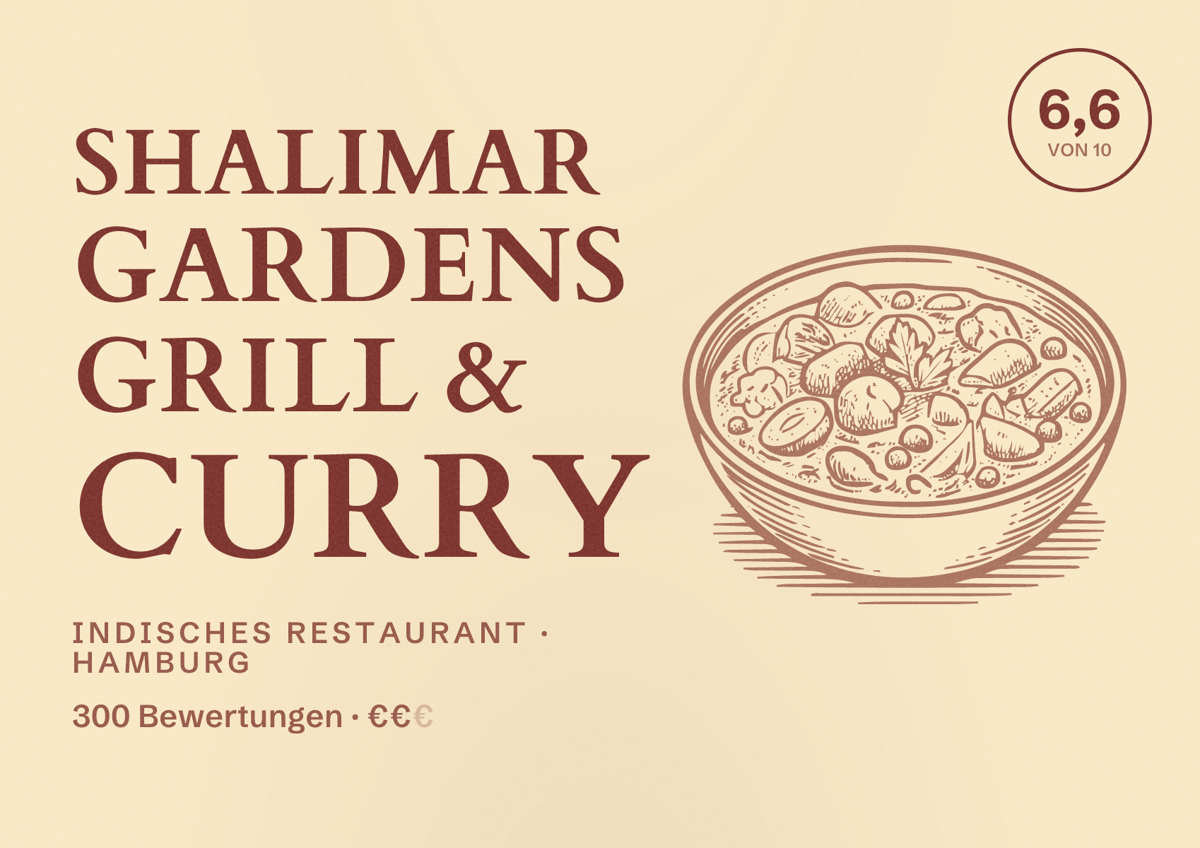 Illustriertes Poster von Shalimar Gardens Grill & Curry, Indisches Restaurant in Hamburg: Bewertung 6,6 von 10 aus 300 Bewertungen, Preisniveau €€