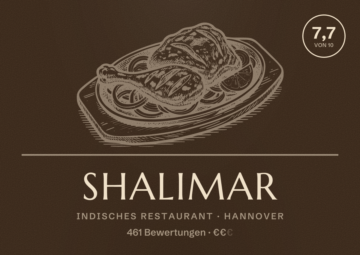 Illustriertes Poster von Shalimar, Indisches Restaurant in Hannover: Bewertung 7,7 von 10 aus 461 Bewertungen, Preisniveau €€