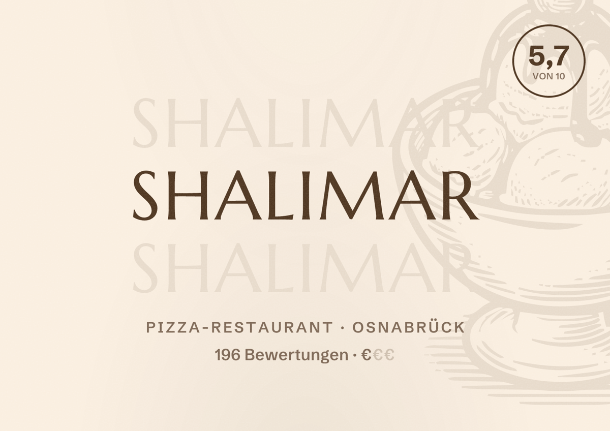 Illustriertes Poster von Shalimar, Pizza-Restaurant in Osnabrück: Bewertung 5,7 von 10 aus 196 Bewertungen, Preisniveau €