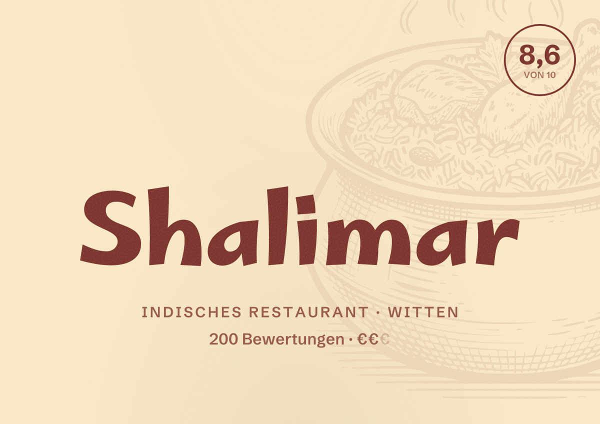 Illustriertes Poster von Shalimar, Indisches Restaurant in Witten: Bewertung 8,6 von 10 aus 200 Bewertungen, Preisniveau €€