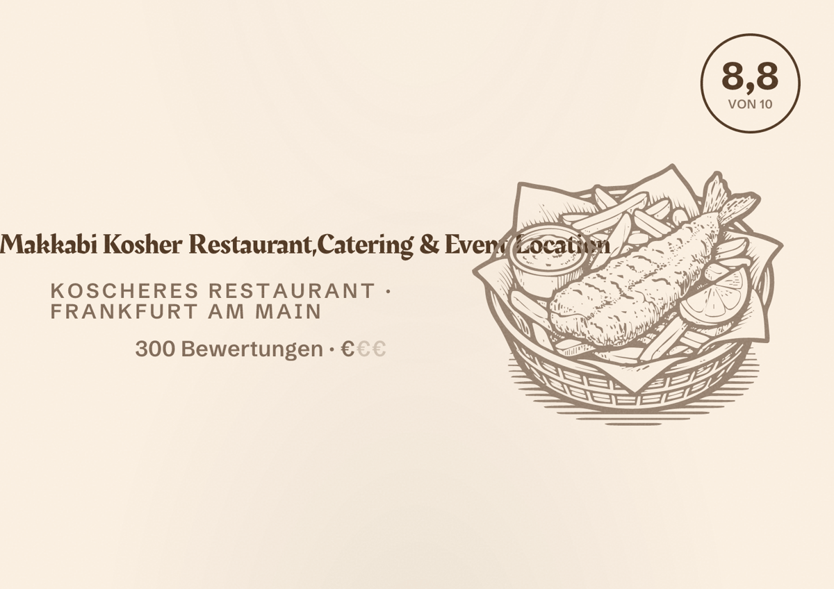 Illustriertes Poster von Shalom Makkabi Kosher Restaurant,Catering & Event Location, Koscheres Restaurant in Frankfurt am Main: Bewertung 8,8 von 10 aus 300 Bewertungen, Preisniveau €