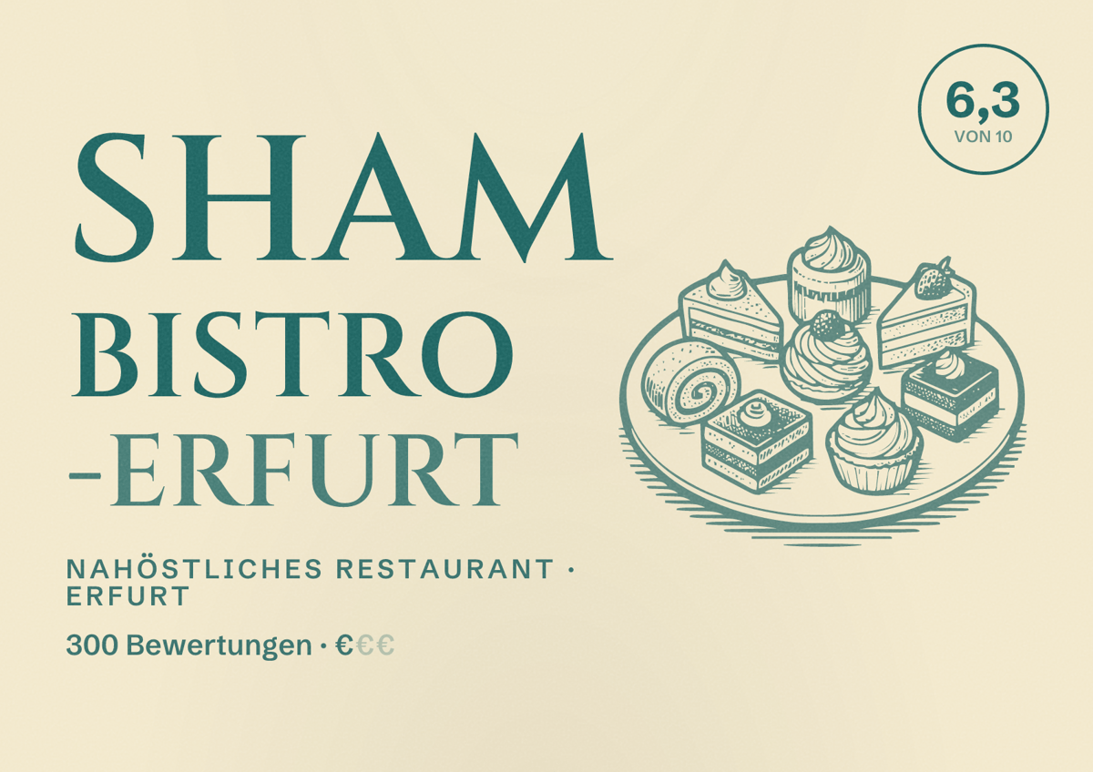 Illustriertes Poster von Sham Bistro -Erfurt, Nahöstliches Restaurant in Erfurt: Bewertung 6,3 von 10 aus 300 Bewertungen, Preisniveau €