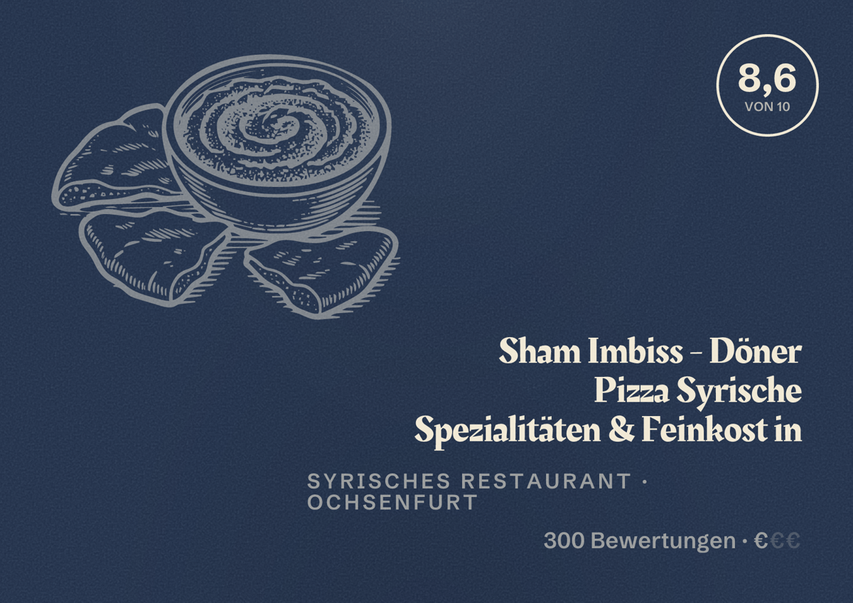 Illustriertes Poster von Sham Imbiss - Döner Pizza Syrische Spezialitäten & Feinkost in, Syrisches Restaurant in Ochsenfurt: Bewertung 8,6 von 10 aus 300 Bewertungen, Preisniveau €