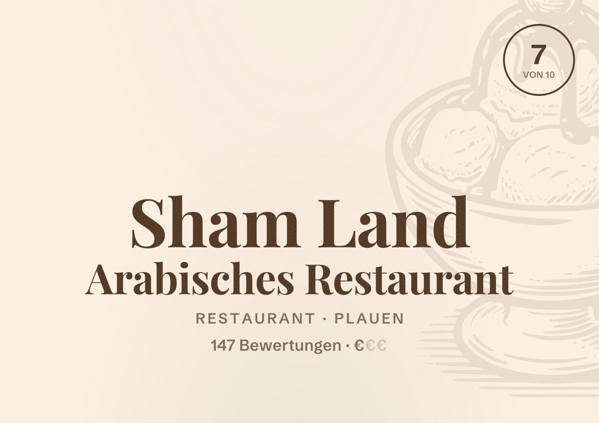 Illustriertes Poster von Sham Land Arabisches Restaurant, Restaurant in Plauen: Bewertung 7 von 10 aus 147 Bewertungen, Preisniveau €