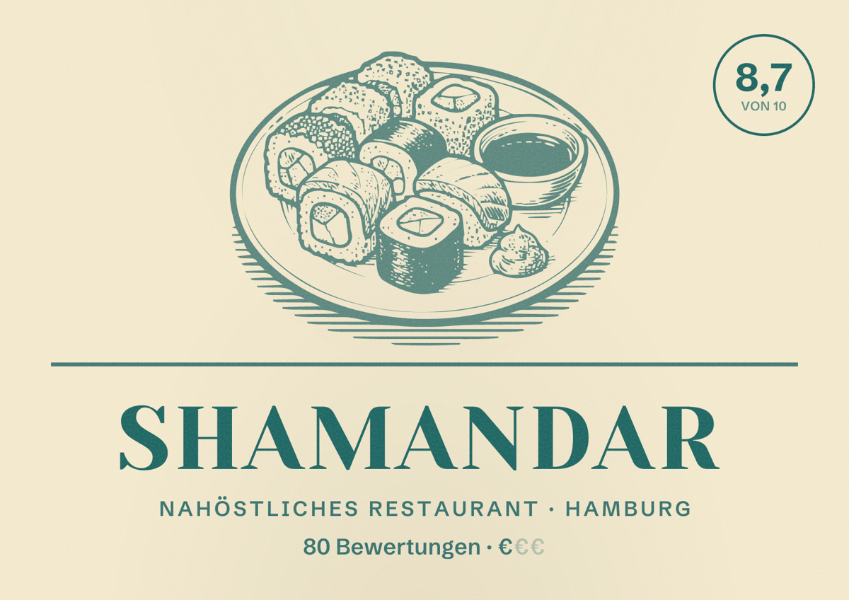 Illustriertes Poster von Shamandar, Nahöstliches Restaurant in Hamburg: Bewertung 8,7 von 10 aus 80 Bewertungen, Preisniveau €