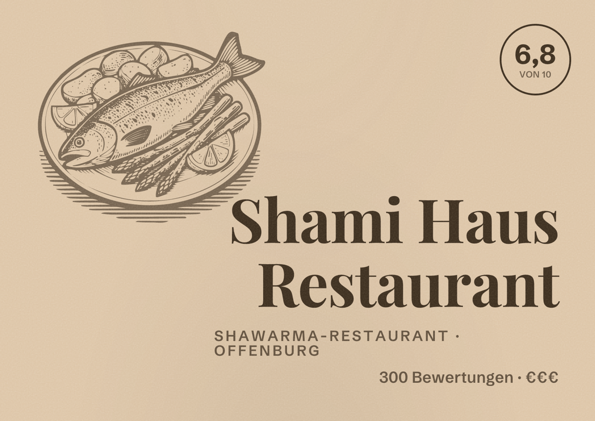 Illustriertes Poster von Shami Haus Restaurant, Shawarma-Restaurant in Offenburg: Bewertung 6,8 von 10 aus 300 Bewertungen, Preisniveau €€€