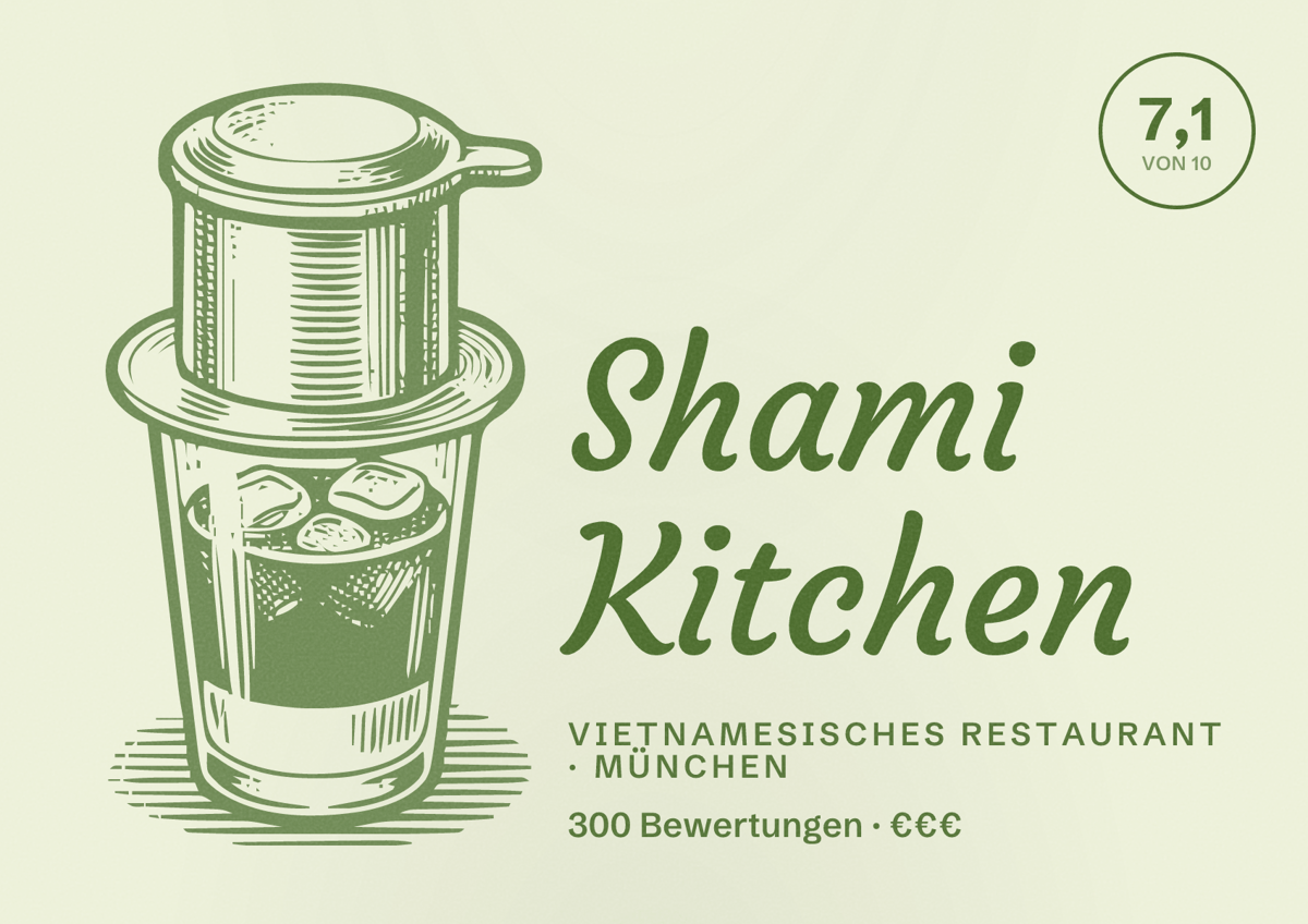Illustriertes Poster von Shami Kitchen, Vietnamesisches Restaurant in München: Bewertung 7,1 von 10 aus 300 Bewertungen, Preisniveau €€€