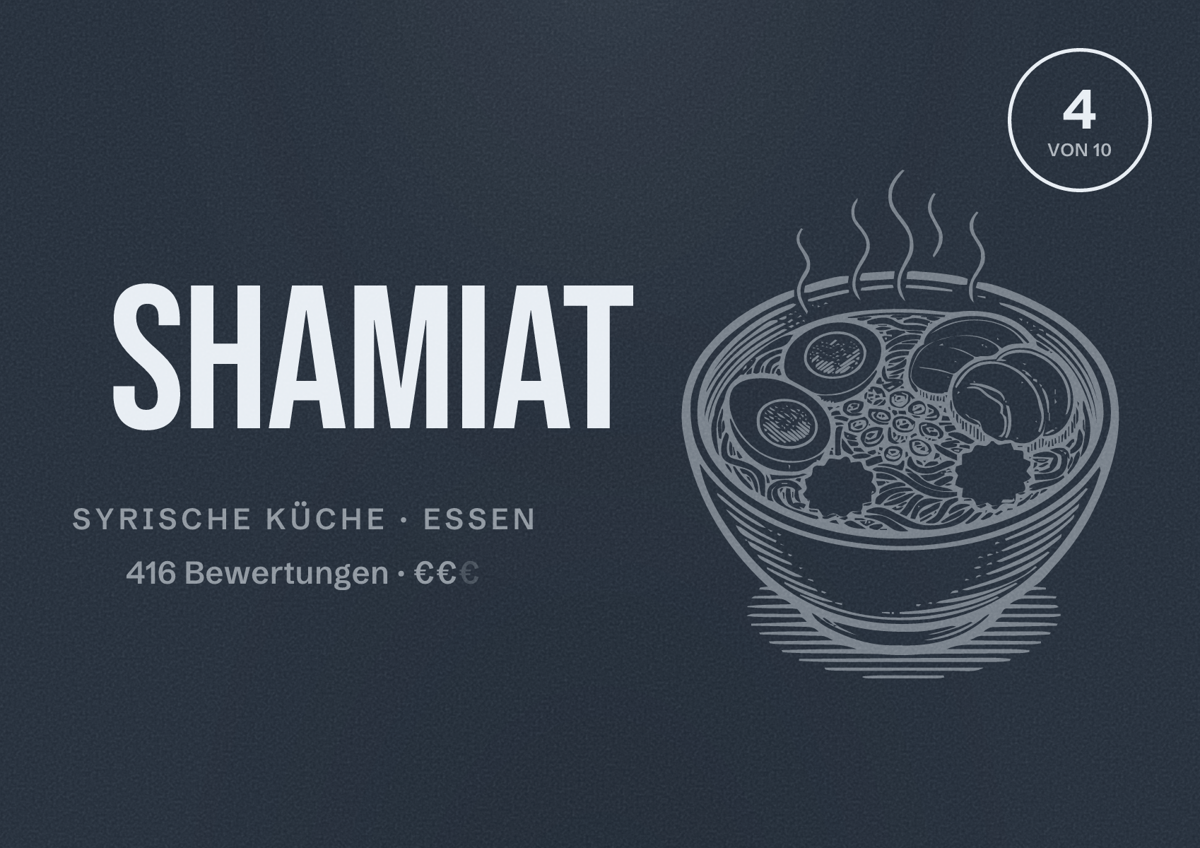 Illustriertes Poster von Shamiat, Syrische Küche in Essen: Bewertung 4 von 10 aus 416 Bewertungen, Preisniveau €€