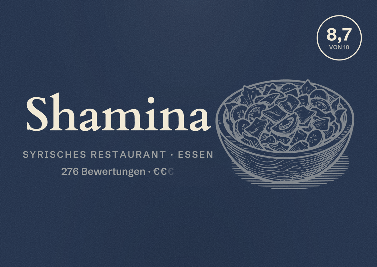 Illustriertes Poster von Shamina, Syrisches Restaurant in Essen: Bewertung 8,7 von 10 aus 276 Bewertungen, Preisniveau €€