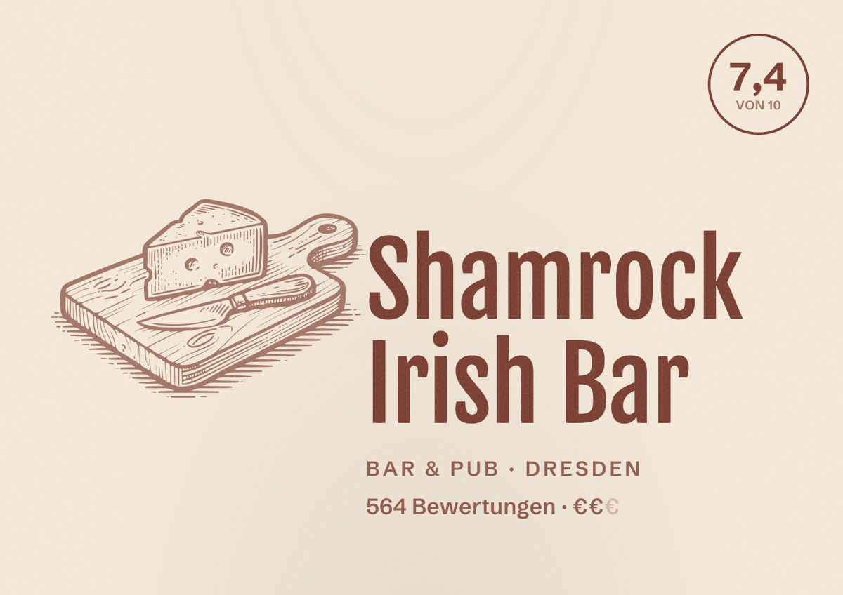 Illustriertes Poster von Shamrock Irish Bar, Bar & Pub in Dresden: Bewertung 7,4 von 10 aus 564 Bewertungen, Preisniveau €€