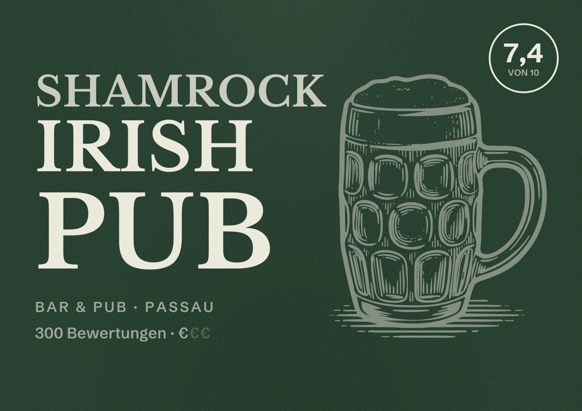 Illustriertes Poster von Shamrock Irish Pub, Bar & Pub in Passau: Bewertung 7,4 von 10 aus 300 Bewertungen, Preisniveau €