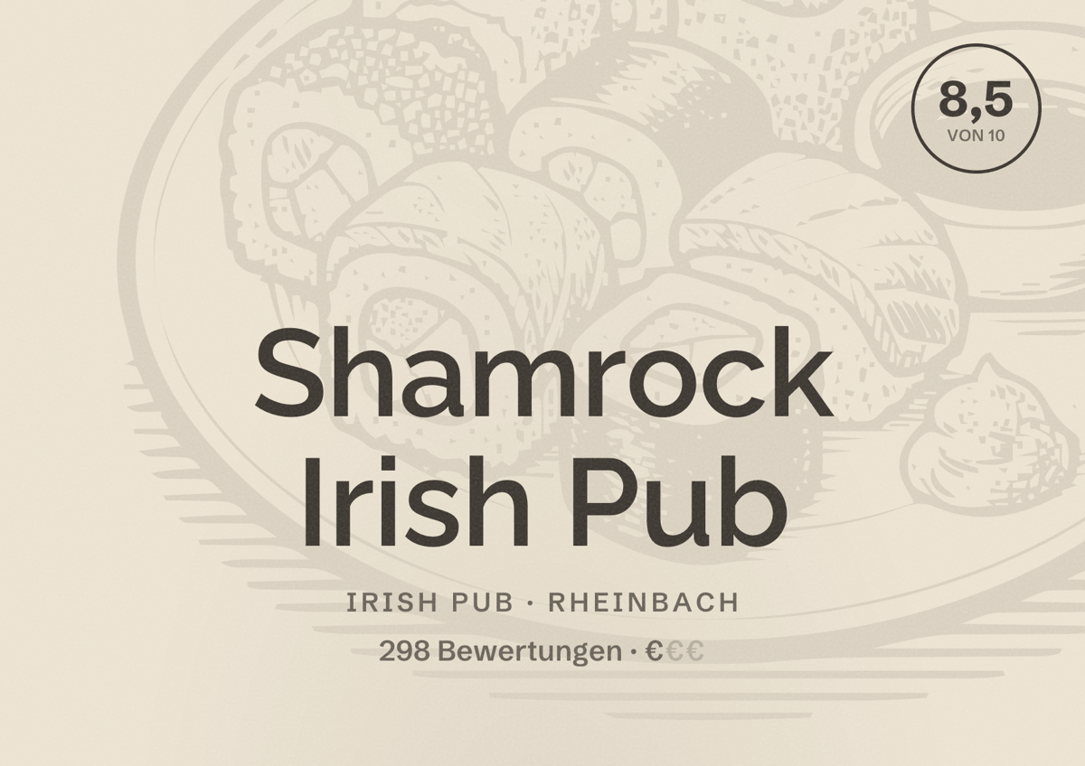 Illustriertes Poster von Shamrock Irish Pub, Irish Pub in Rheinbach: Bewertung 8,5 von 10 aus 298 Bewertungen, Preisniveau €