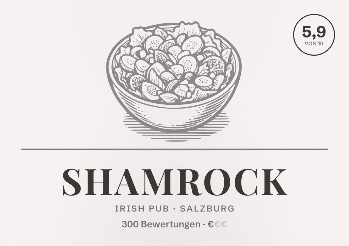 Illustriertes Poster von Shamrock, Irish Pub in Salzburg: Bewertung 5,9 von 10 aus 300 Bewertungen, Preisniveau €