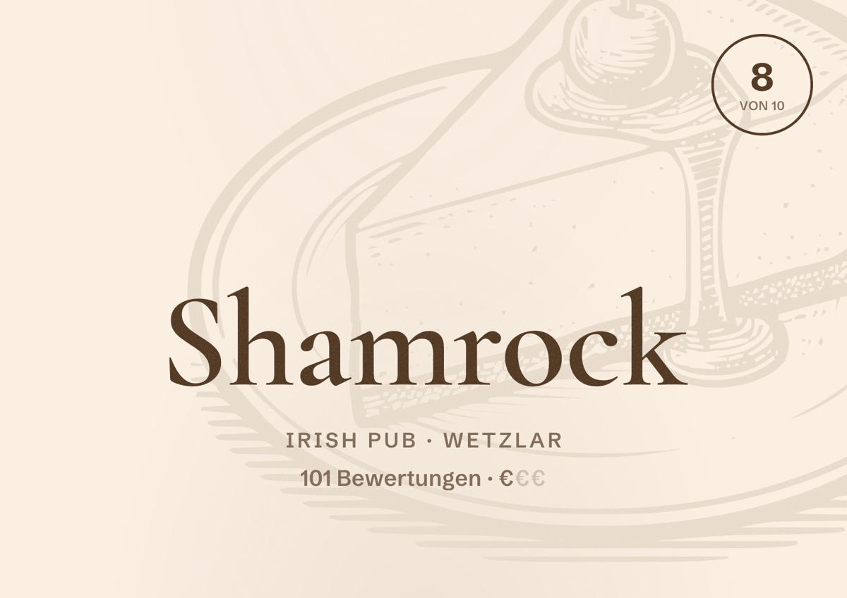 Illustriertes Poster von Shamrock, Irish Pub in Wetzlar: Bewertung 8 von 10 aus 101 Bewertungen, Preisniveau €
