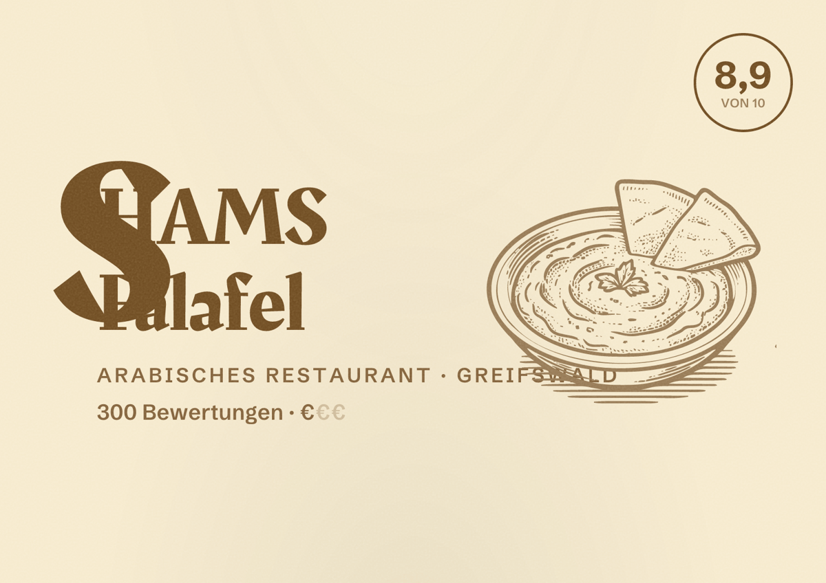 Illustriertes Poster von SHAMS Falafel, Arabisches Restaurant in Greifswald: Bewertung 8,9 von 10 aus 300 Bewertungen, Preisniveau €