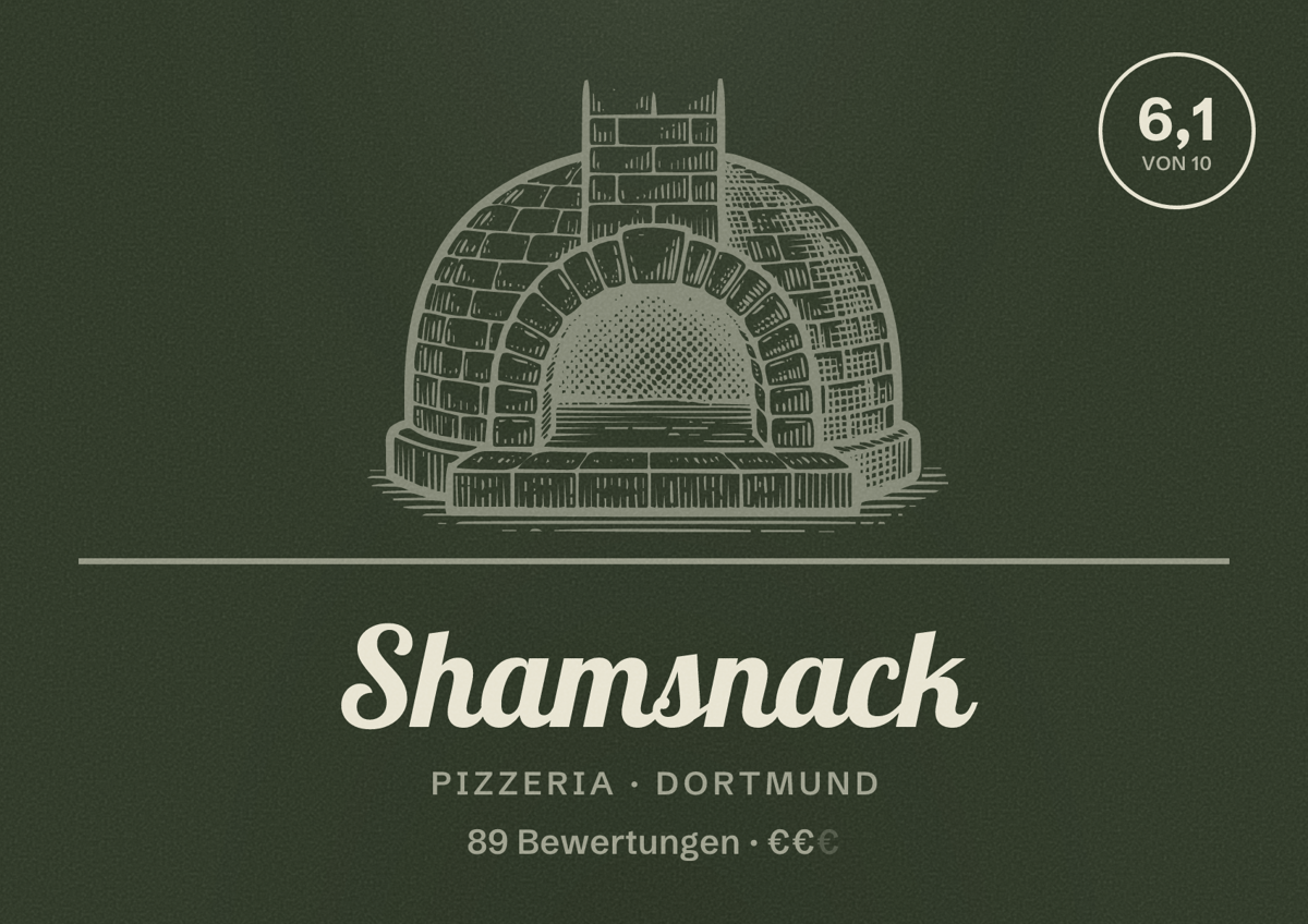 Illustriertes Poster von Shamsnack, Pizzeria in Dortmund: Bewertung 6,1 von 10 aus 89 Bewertungen, Preisniveau €€
