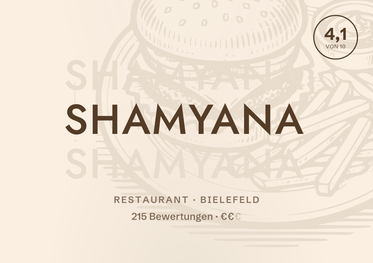 Illustriertes Poster von Shamyana, Restaurant in Bielefeld: Bewertung 4,1 von 10 aus 215 Bewertungen, Preisniveau €€