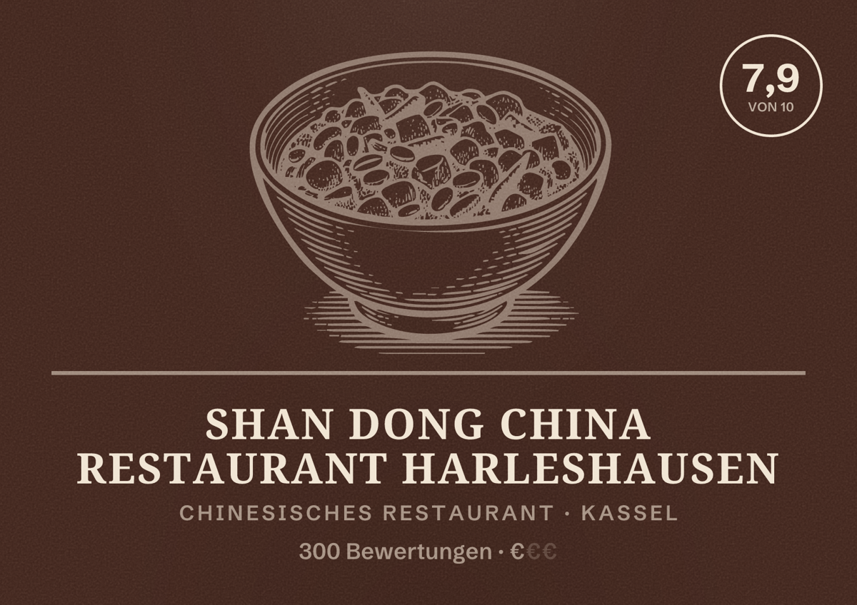 Illustriertes Poster von Shan Dong China Restaurant Harleshausen, Chinesisches Restaurant in Kassel: Bewertung 7,9 von 10 aus 300 Bewertungen, Preisniveau €