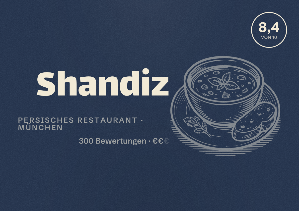 Illustriertes Poster von Shandiz, Persisches Restaurant in München: Bewertung 8,4 von 10 aus 300 Bewertungen, Preisniveau €€