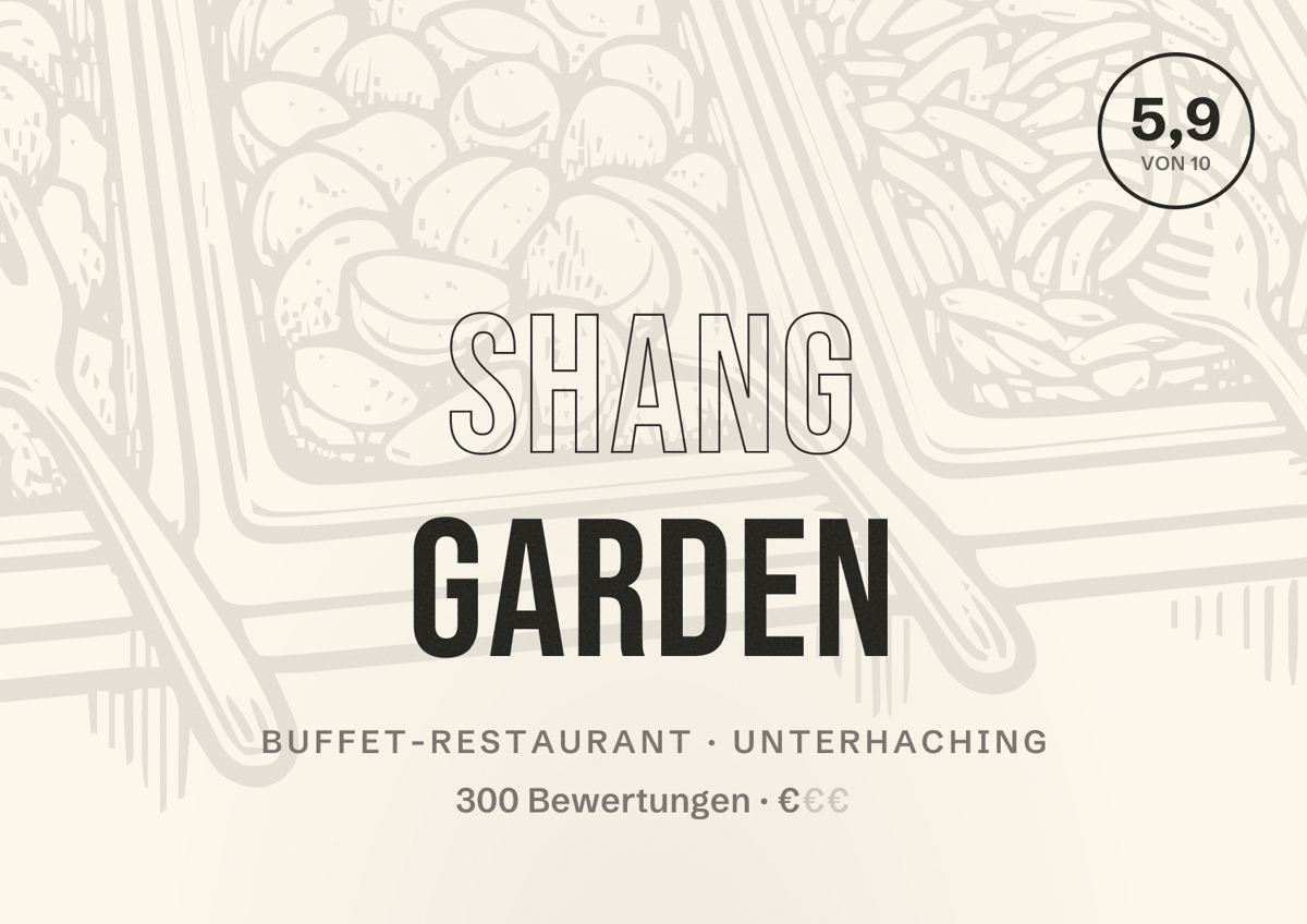 Illustriertes Poster von Shang Garden, Buffet-Restaurant in Unterhaching: Bewertung 5,9 von 10 aus 300 Bewertungen, Preisniveau €