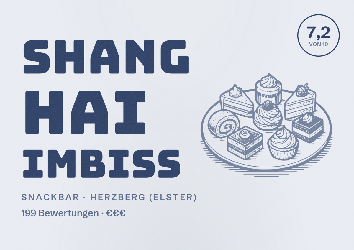 Illustriertes Poster von Shang Hai Imbiss, Snackbar in Herzberg (Elster): Bewertung 7,2 von 10 aus 199 Bewertungen, Preisniveau €€€