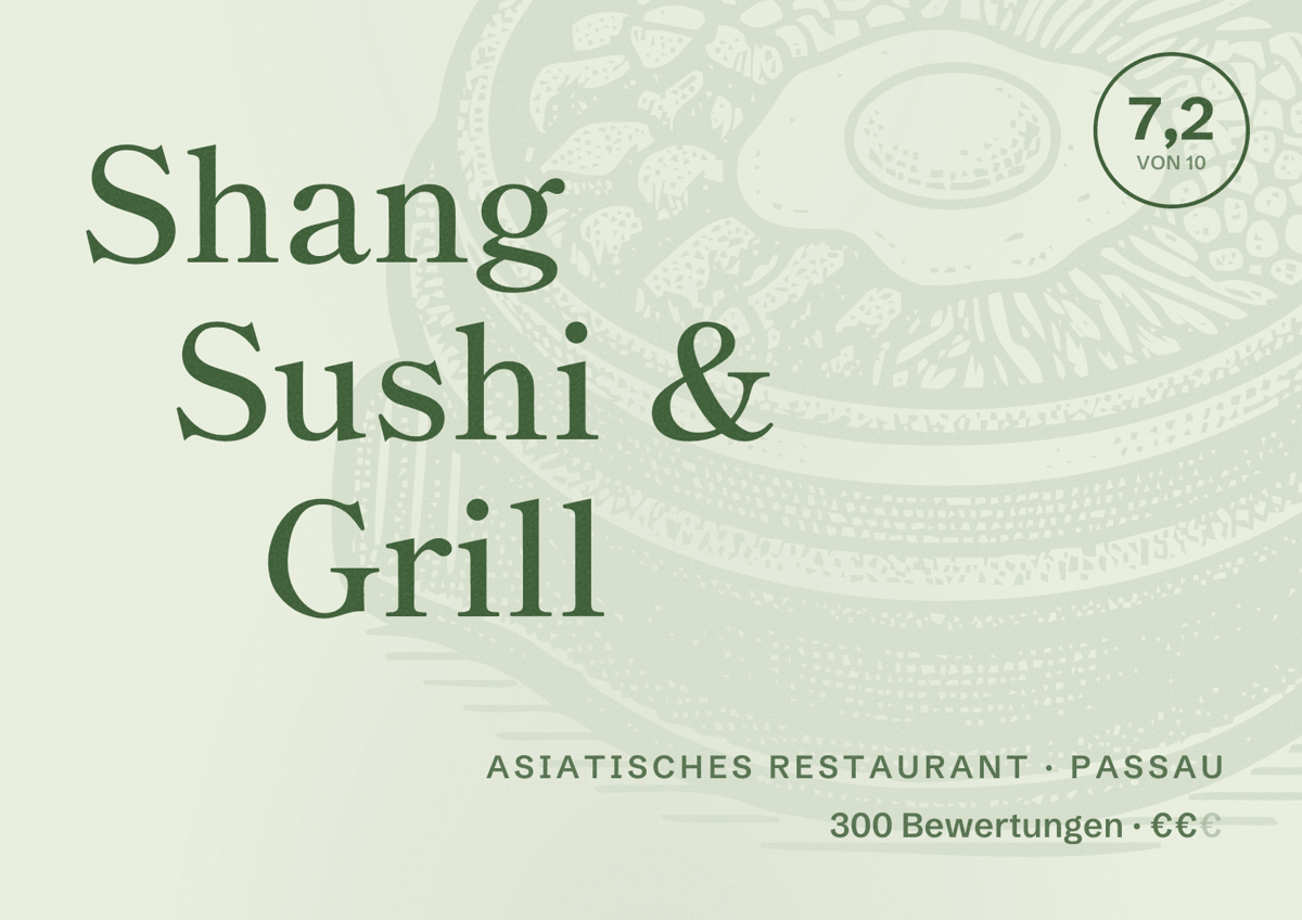 Illustriertes Poster von Shang Sushi & Grill, Asiatisches Restaurant in Passau: Bewertung 7,2 von 10 aus 300 Bewertungen, Preisniveau €€