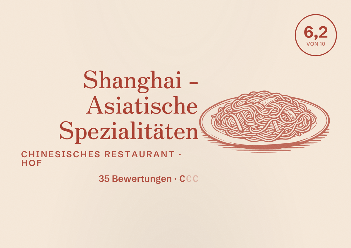 Illustriertes Poster von Shanghai - Asiatische Spezialitäten, Chinesisches Restaurant in Hof: Bewertung 6,2 von 10 aus 35 Bewertungen, Preisniveau €