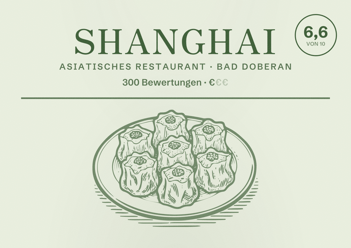 Illustriertes Poster von Shanghai, Asiatisches Restaurant in Bad Doberan: Bewertung 6,6 von 10 aus 300 Bewertungen, Preisniveau €